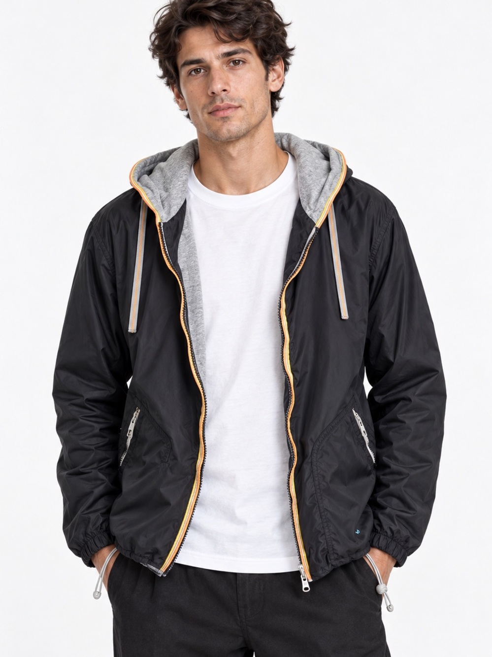 Diesel Men’s Black Nylon Hooded Windbreaker Jacket Orange Trim Size L